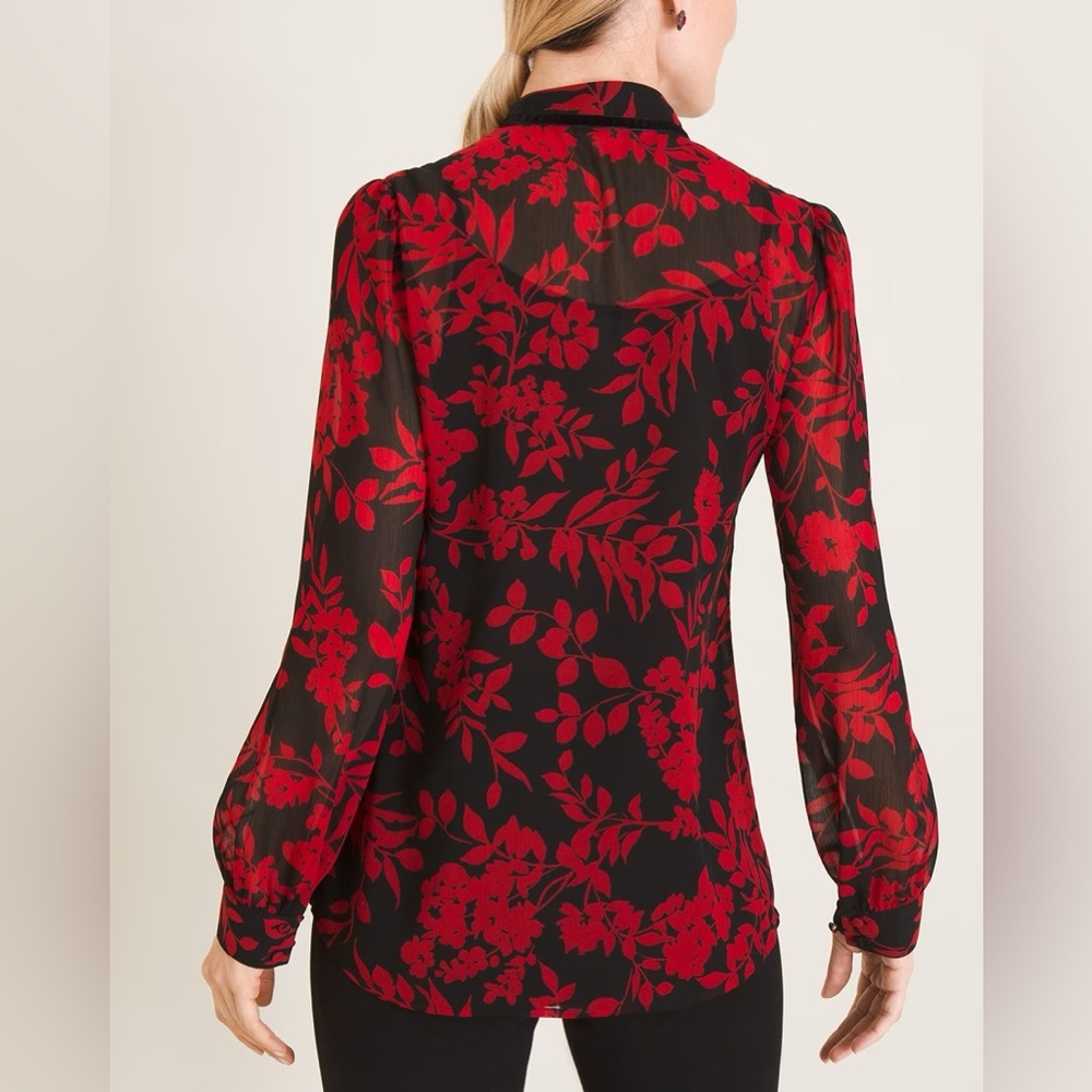 Chico’s Floral Print Red Black Sheer Ruffle Front Blouse US size 8/10 - Picture 2 of 16
